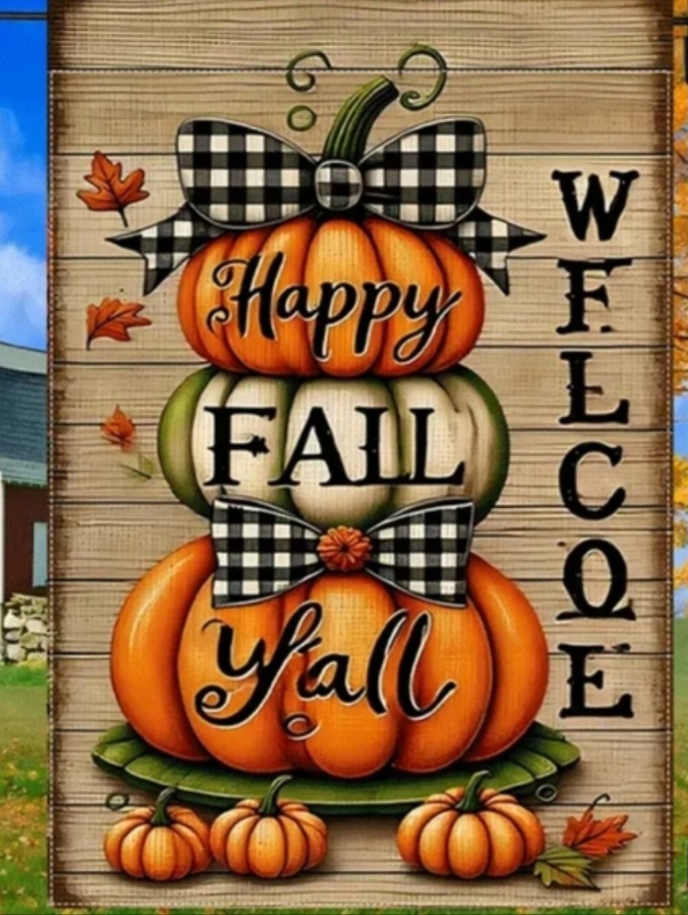 Welcome~"Happy Fall Y'all" Pumpkin Stacked Garden Flag